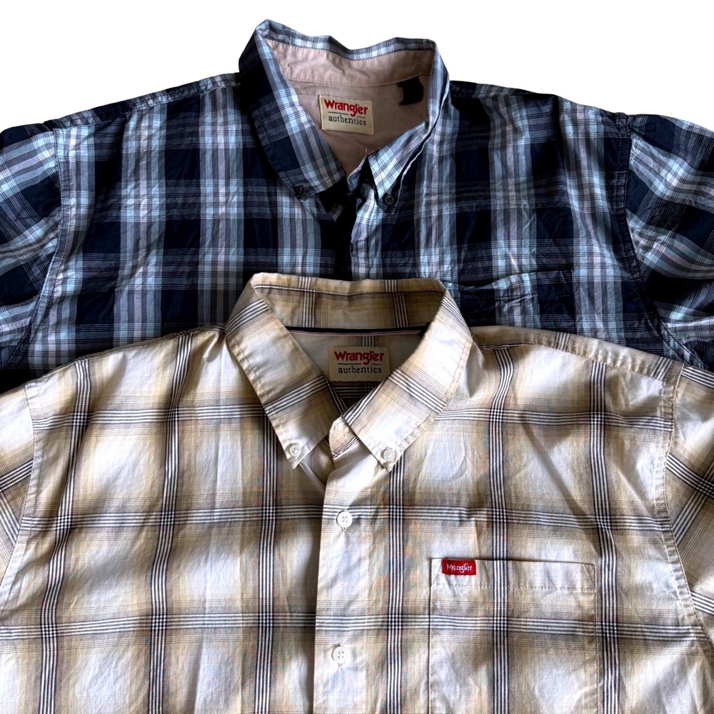 LOT OF 2 Wrangler Authentic Mens XL Plaid Short Sleeve Cotton Button Down Shirts